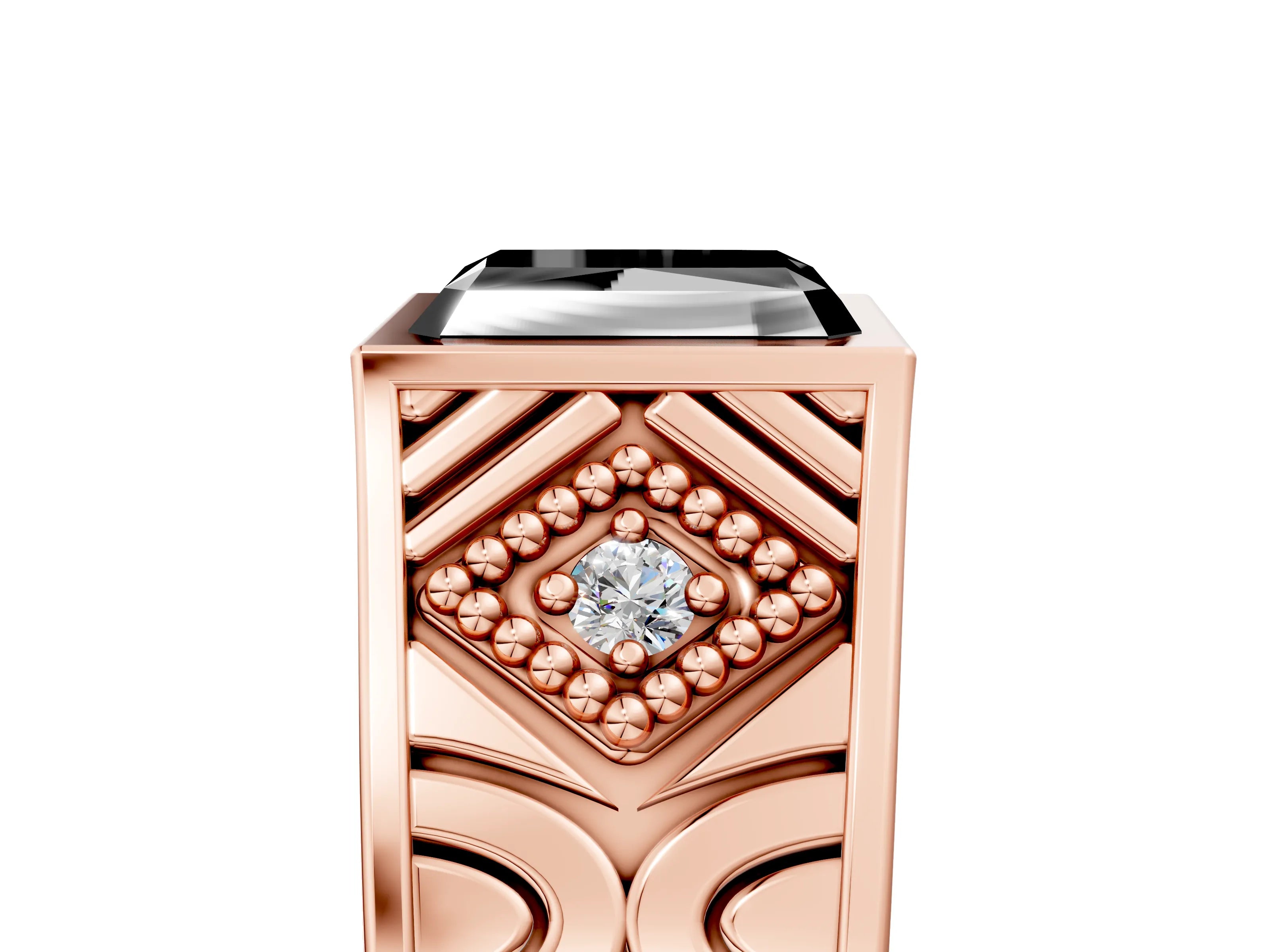 Rose gold Hexagonal Bezel Fancy Black Radiant Cut Diamond Engraved Band Prong Ring_17