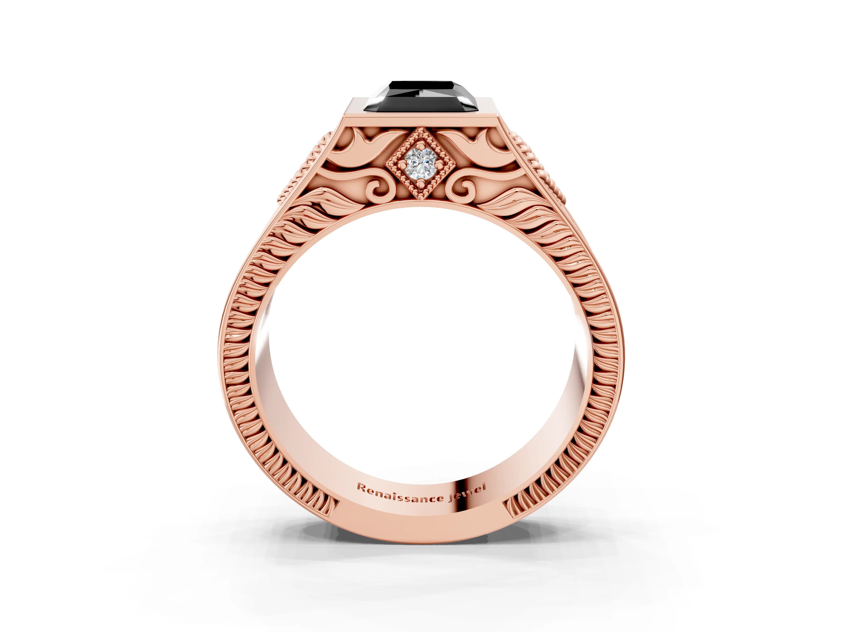 Rose gold Hexagonal Bezel Fancy Black Radiant Cut Diamond Engraved Band Prong Ring_26
