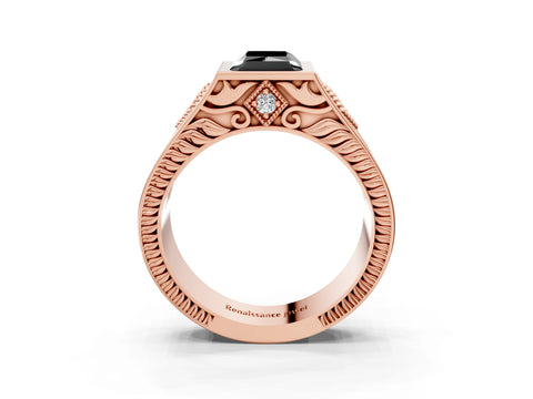 Rose gold Hexagonal Bezel Fancy Black Radiant Cut Diamond Engraved Band Prong Ring_26