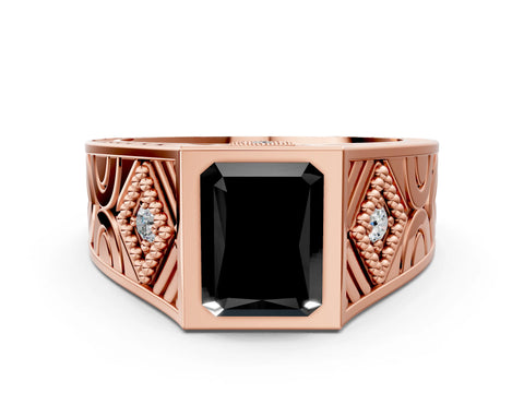 Rose gold Hexagonal Bezel Fancy Black Radiant Cut Diamond Engraved Band Prong Ring_36