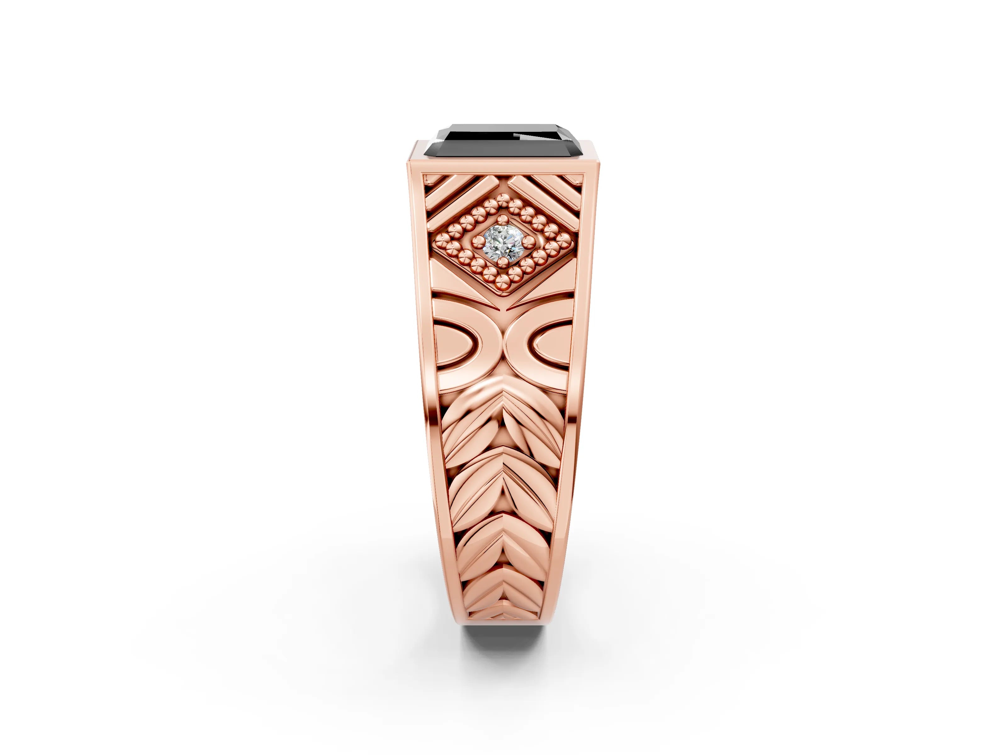 Rose gold Hexagonal Bezel Fancy Black Radiant Cut Diamond Engraved Band Prong Ring_38