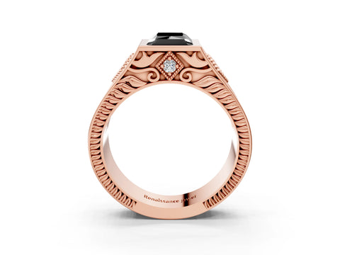 Rose gold Hexagonal Bezel Fancy Black Radiant Cut Diamond Engraved Band Prong Ring_39