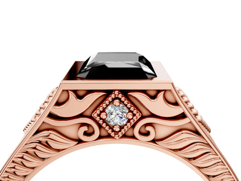 Rose gold Hexagonal Bezel Fancy Black Radiant Cut Diamond Engraved Band Prong Ring_40