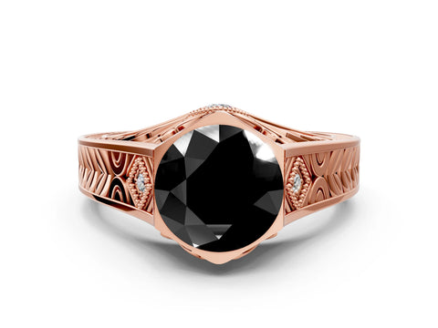 Rose gold Hexagonal Bezel Fancy Black Round Cut Diamond Engraved Band Prong Ring_12