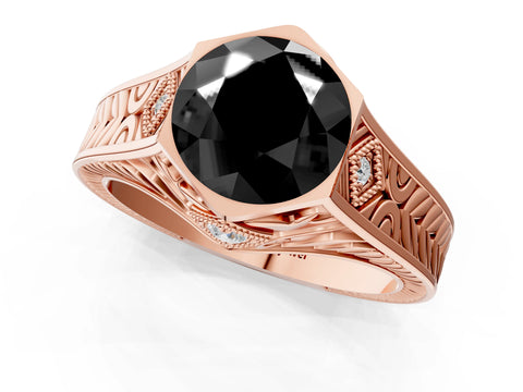 Rose gold Hexagonal Bezel Fancy Black Round Cut Diamond Engraved Band Prong Ring_13