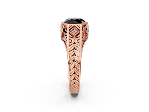 Rose gold Hexagonal Bezel Fancy Black Round Cut Diamond Engraved Band Prong Ring_14