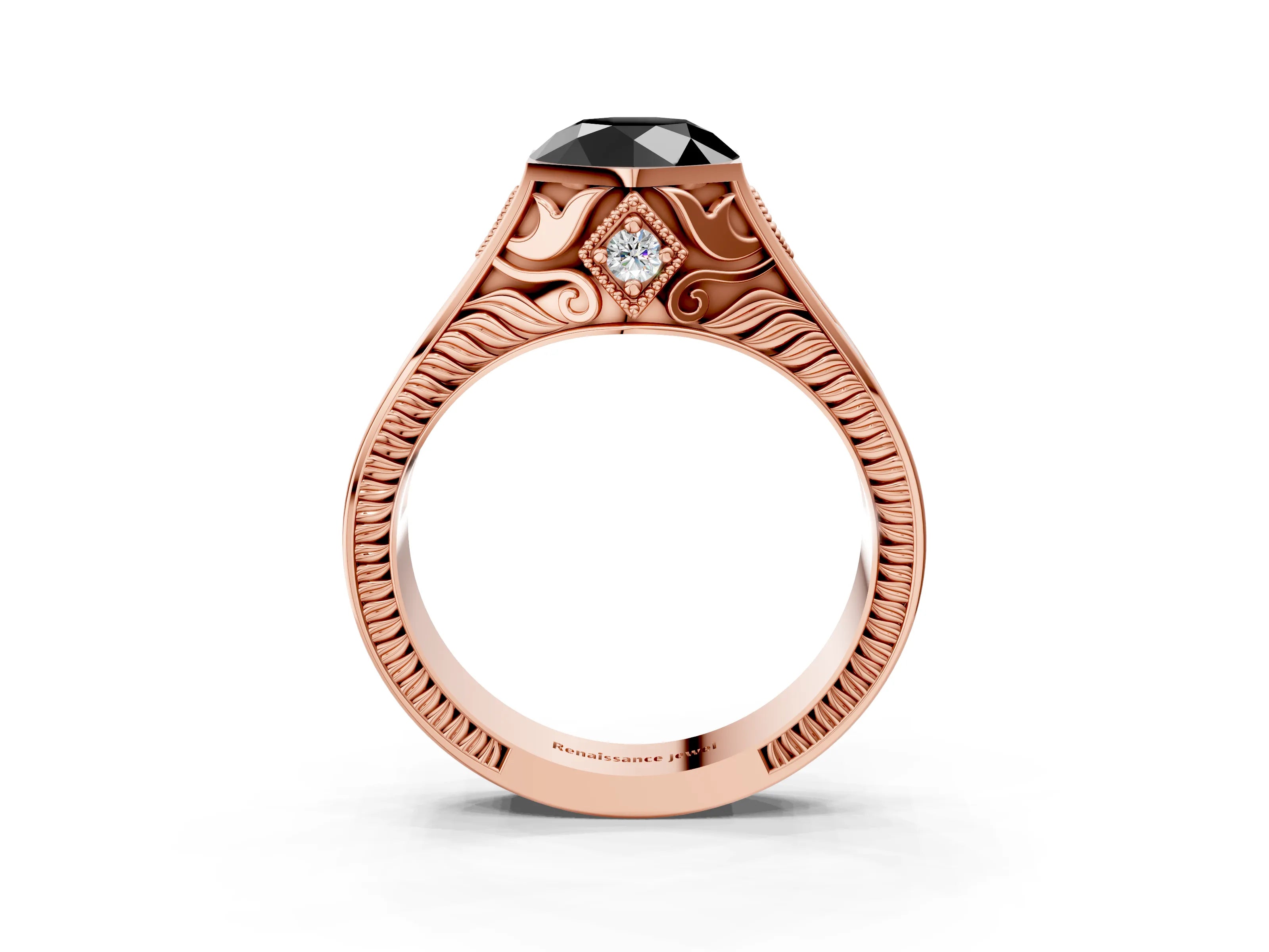 Rose gold Hexagonal Bezel Fancy Black Round Cut Diamond Engraved Band Prong Ring_15