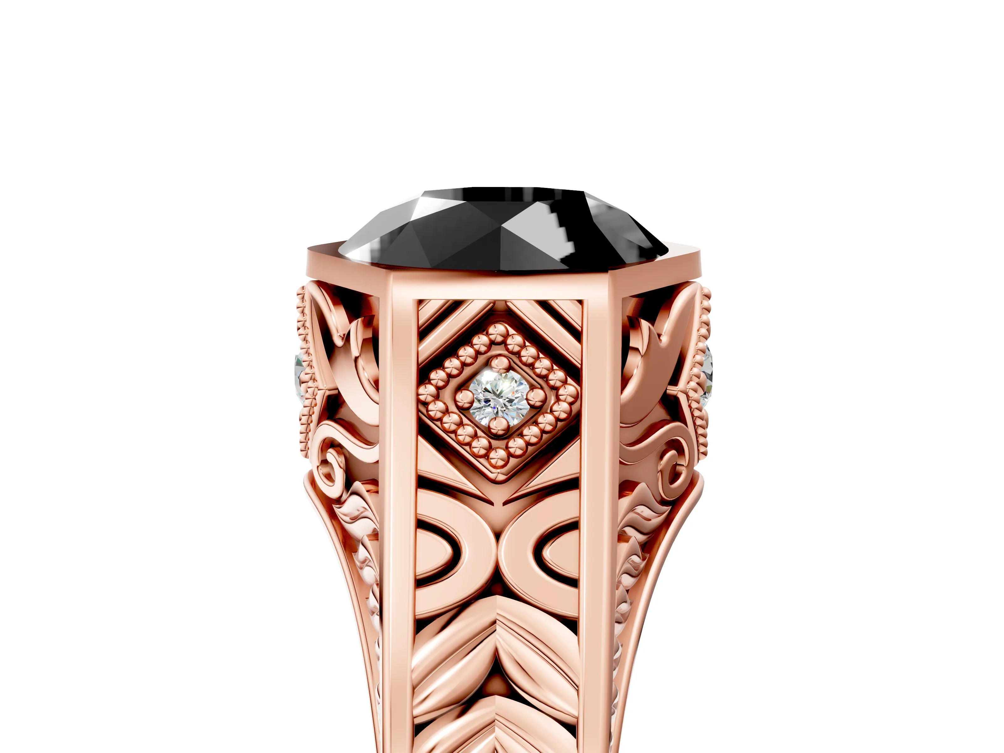 Rose gold Hexagonal Bezel Fancy Black Round Cut Diamond Engraved Band Prong Ring_17