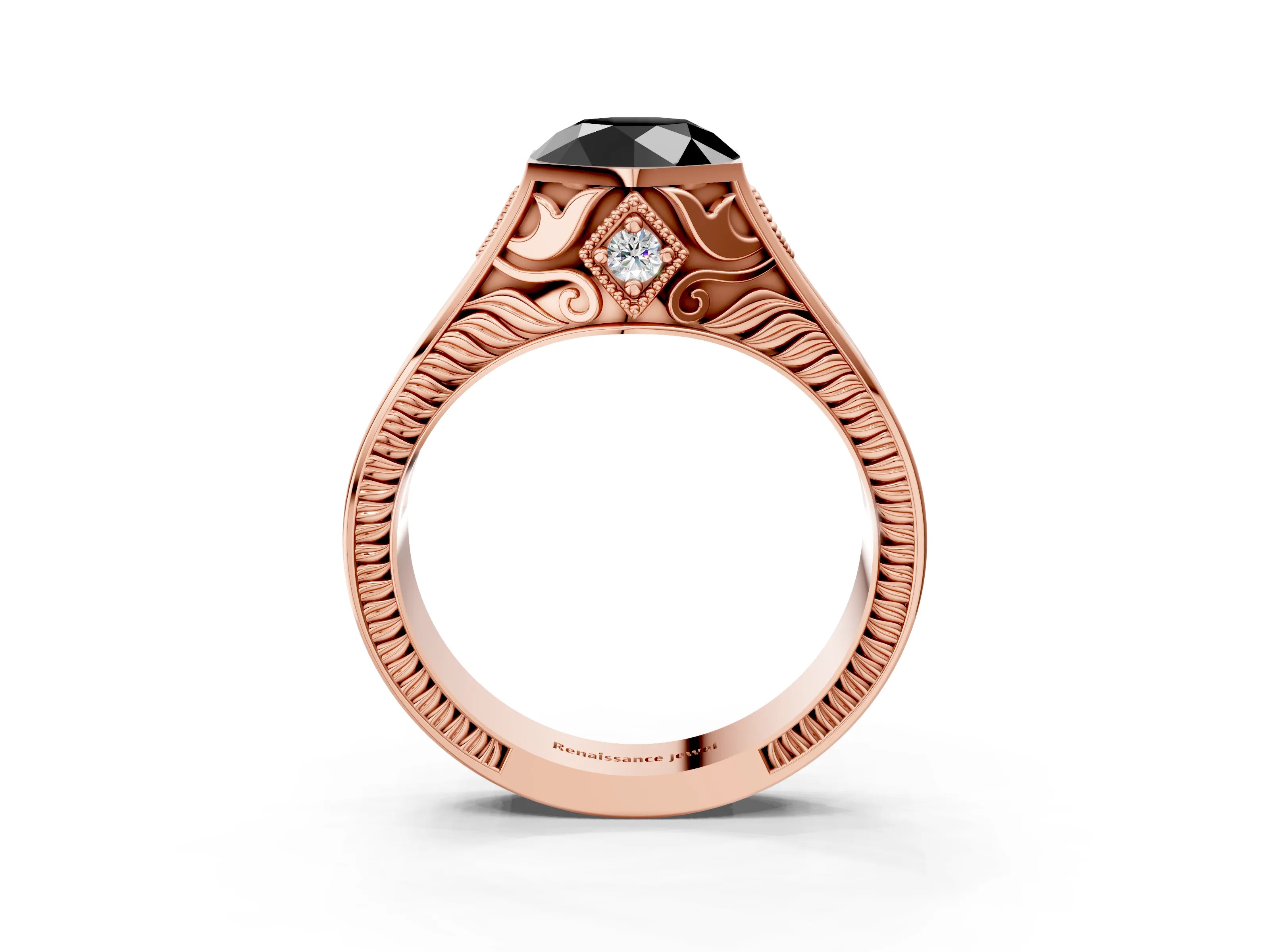 Rose gold Hexagonal Bezel Fancy Black Round Cut Diamond Engraved Band Prong Ring_3