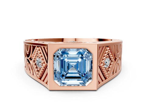 Rose gold Hexagonal Bezel Fancy Blue Asscher Cut Diamond Engraved Band Prong Ring_12