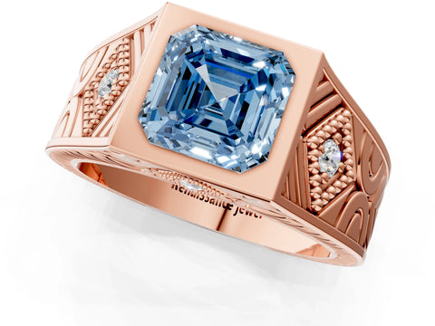 Rose gold Hexagonal Bezel Fancy Blue Asscher Cut Diamond Engraved Band Prong Ring_13