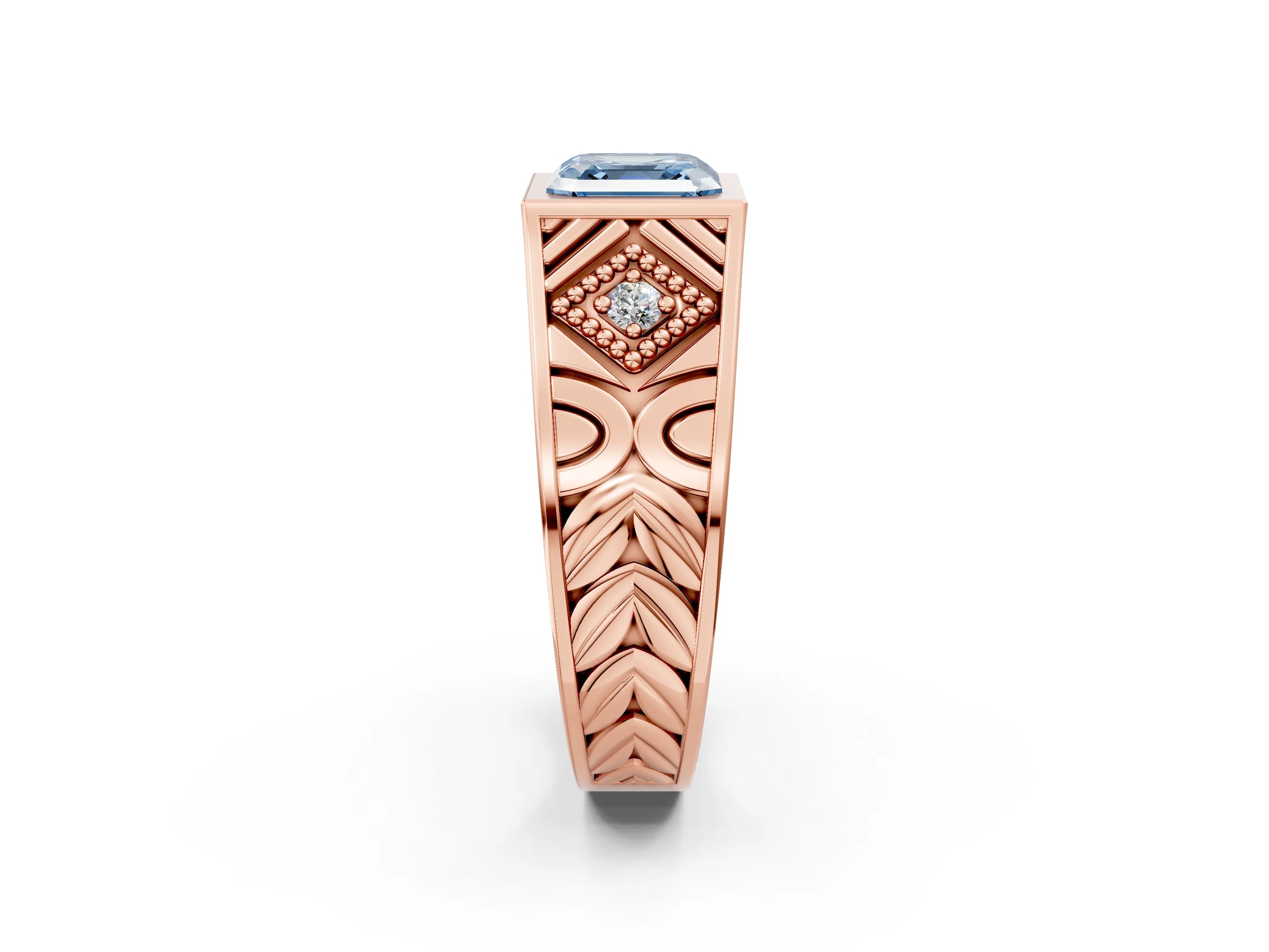 Rose gold Hexagonal Bezel Fancy Blue Asscher Cut Diamond Engraved Band Prong Ring_14