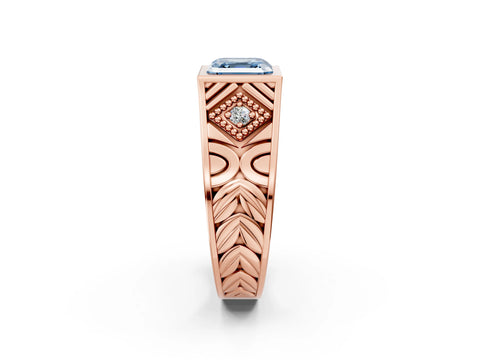 Rose gold Hexagonal Bezel Fancy Blue Asscher Cut Diamond Engraved Band Prong Ring_14