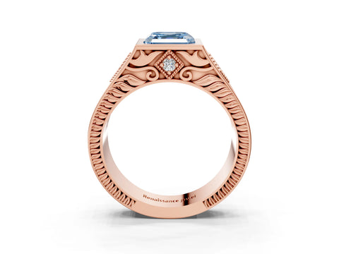 Rose gold Hexagonal Bezel Fancy Blue Asscher Cut Diamond Engraved Band Prong Ring_15