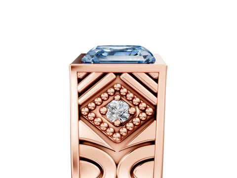 Rose gold Hexagonal Bezel Fancy Blue Asscher Cut Diamond Engraved Band Prong Ring_17
