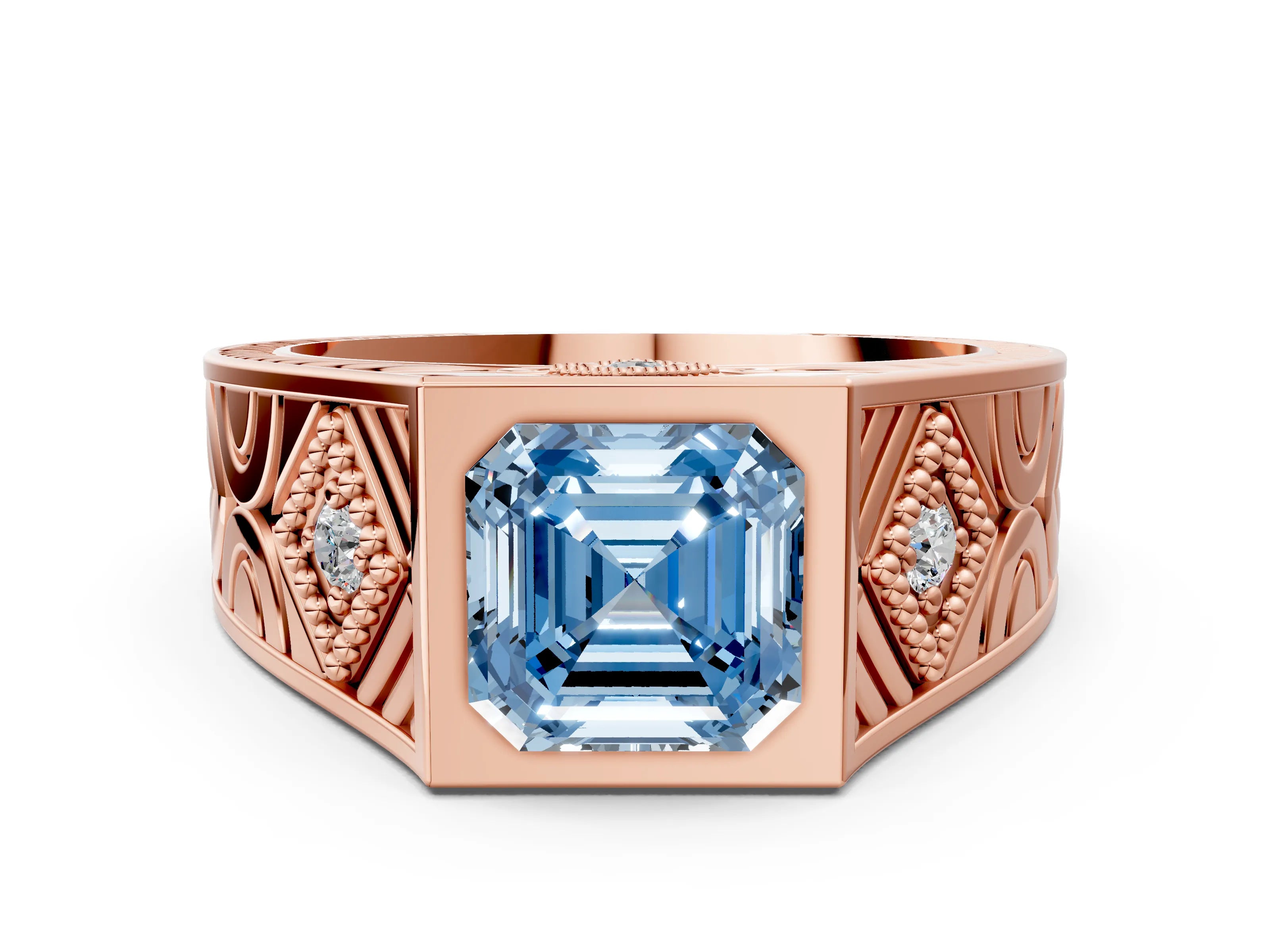 Rose gold Hexagonal Bezel Fancy Blue Asscher Cut Diamond Engraved Band Prong Ring_18