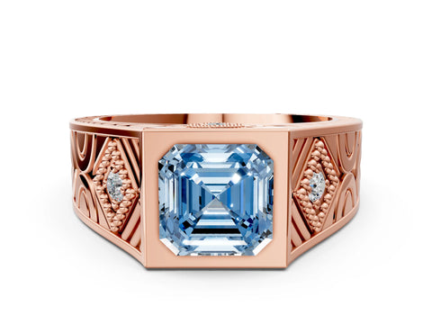 Rose gold Hexagonal Bezel Fancy Blue Asscher Cut Diamond Engraved Band Prong Ring_18