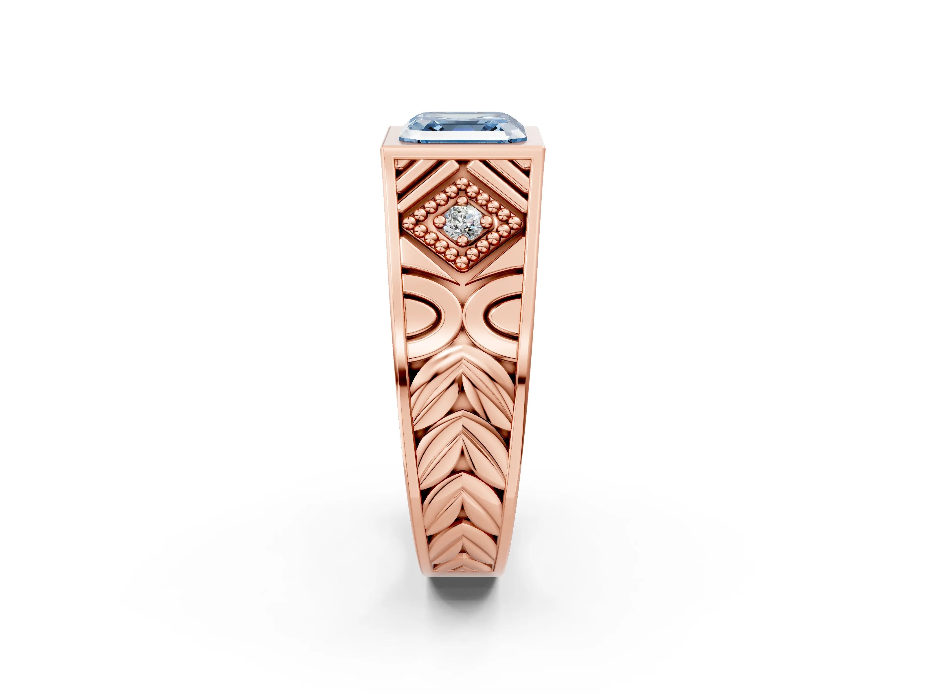 Rose gold Hexagonal Bezel Fancy Blue Asscher Cut Diamond Engraved Band Prong Ring_20