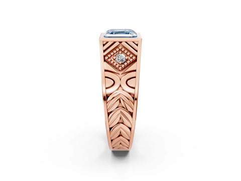 Rose gold Hexagonal Bezel Fancy Blue Asscher Cut Diamond Engraved Band Prong Ring_20