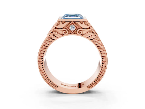 Rose gold Hexagonal Bezel Fancy Blue Asscher Cut Diamond Engraved Band Prong Ring_21
