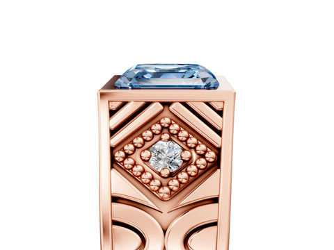 Rose gold Hexagonal Bezel Fancy Blue Asscher Cut Diamond Engraved Band Prong Ring_23