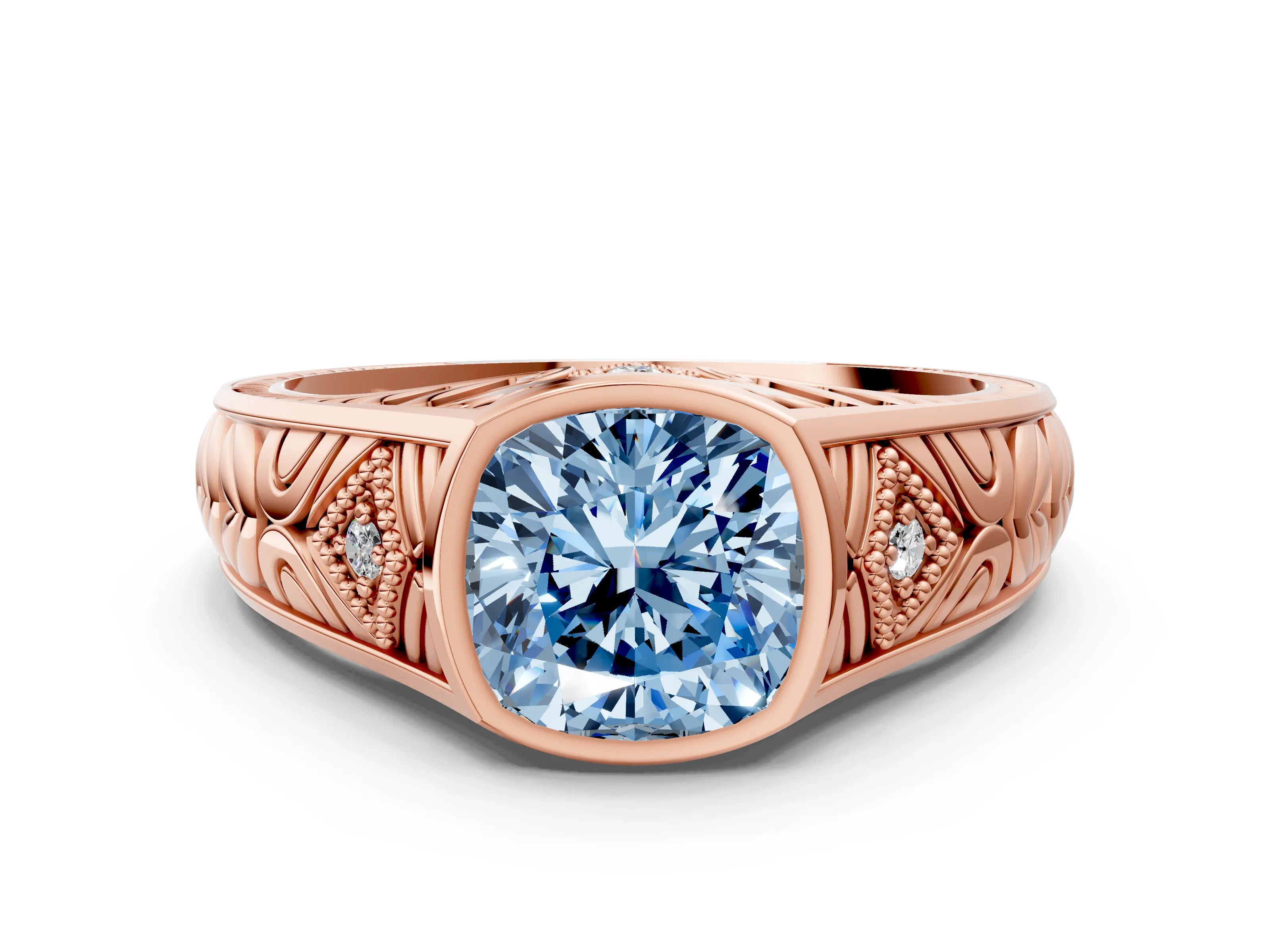 Rose gold Hexagonal Bezel Fancy Blue Cushion Cut Diamond Engraved Band Prong Ring