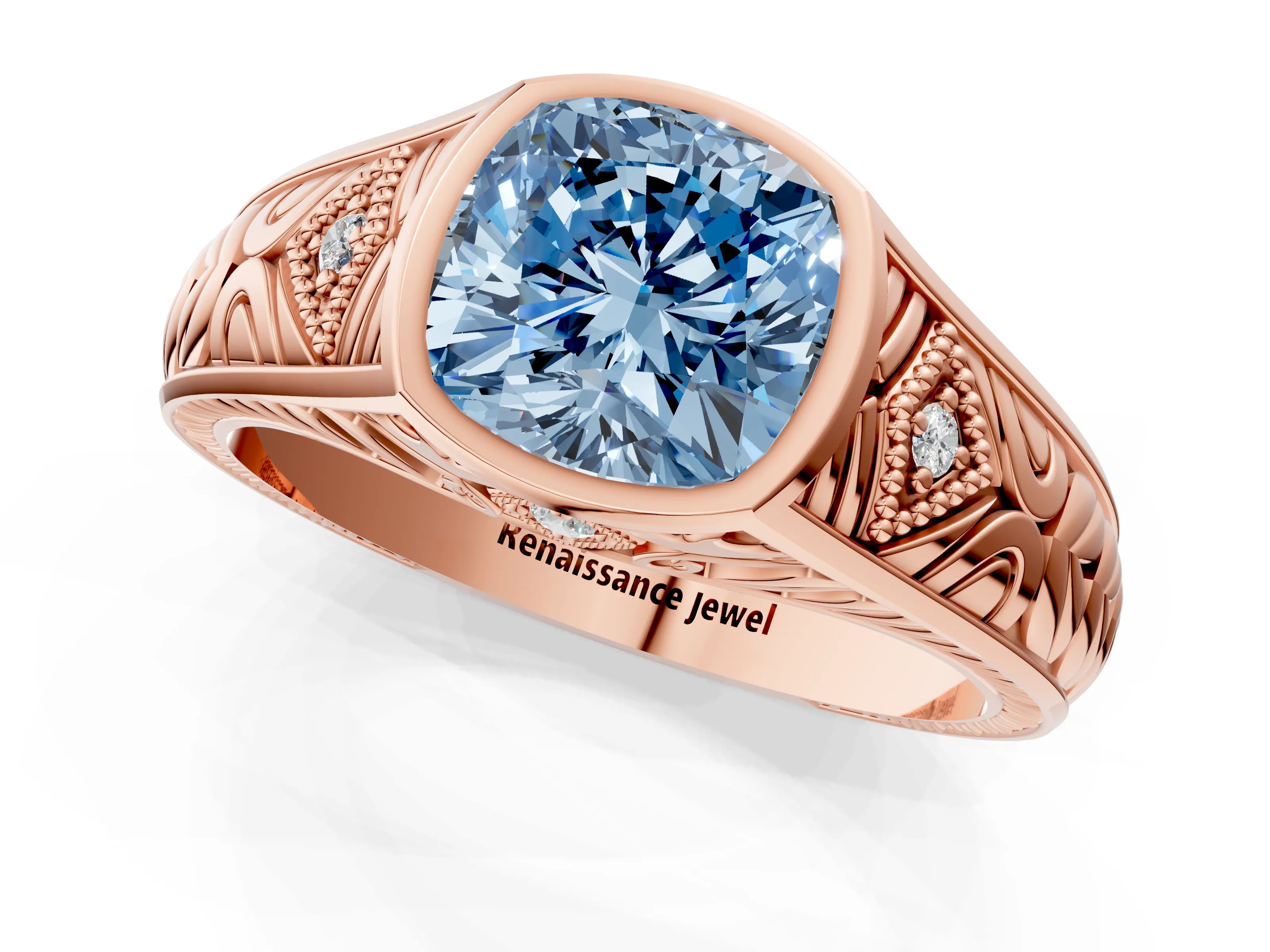 Rose gold Hexagonal Bezel Fancy Blue Cushion Cut Diamond Engraved Band Prong Ring_1