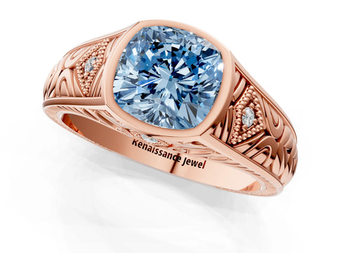 Rose gold Hexagonal Bezel Fancy Blue Cushion Cut Diamond Engraved Band Prong Ring_1