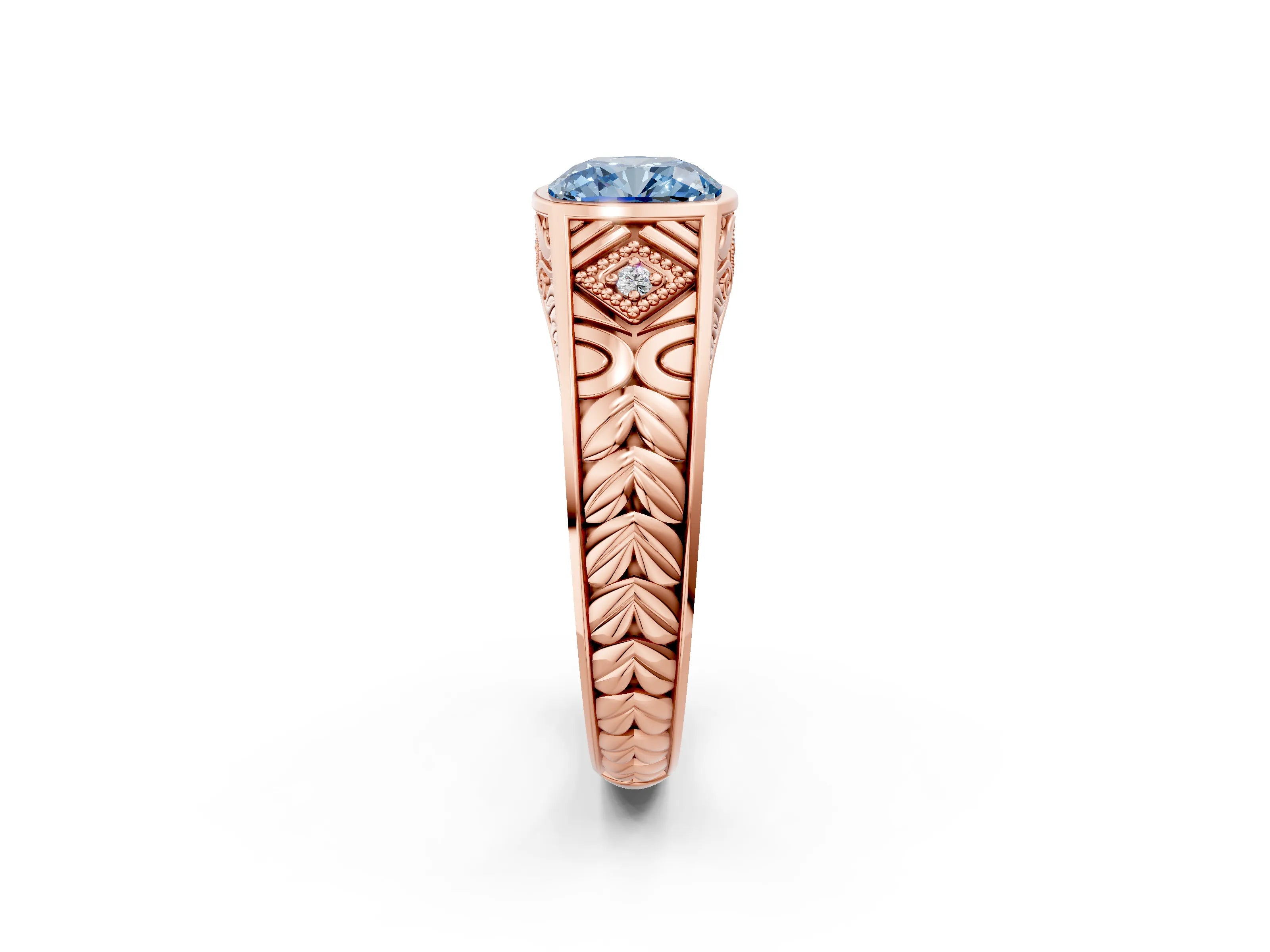 Rose gold Hexagonal Bezel Fancy Blue Cushion Cut Diamond Engraved Band Prong Ring_2