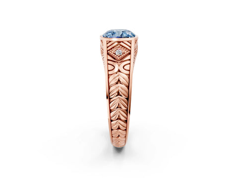 Rose gold Hexagonal Bezel Fancy Blue Cushion Cut Diamond Engraved Band Prong Ring_2