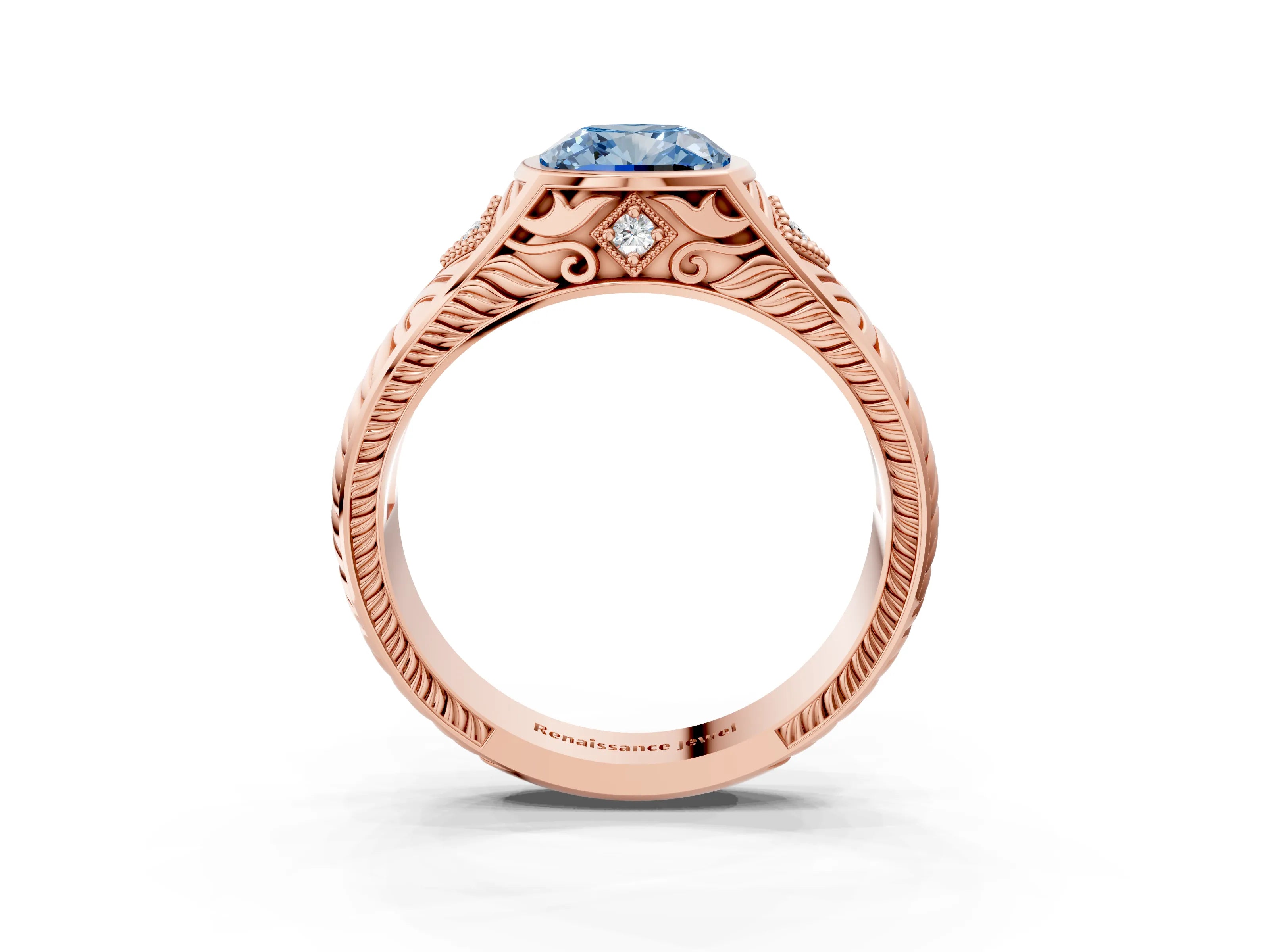 Rose gold Hexagonal Bezel Fancy Blue Cushion Cut Diamond Engraved Band Prong Ring_3