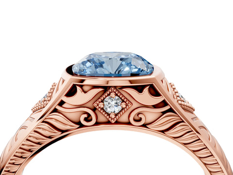 Rose gold Hexagonal Bezel Fancy Blue Cushion Cut Diamond Engraved Band Prong Ring_4