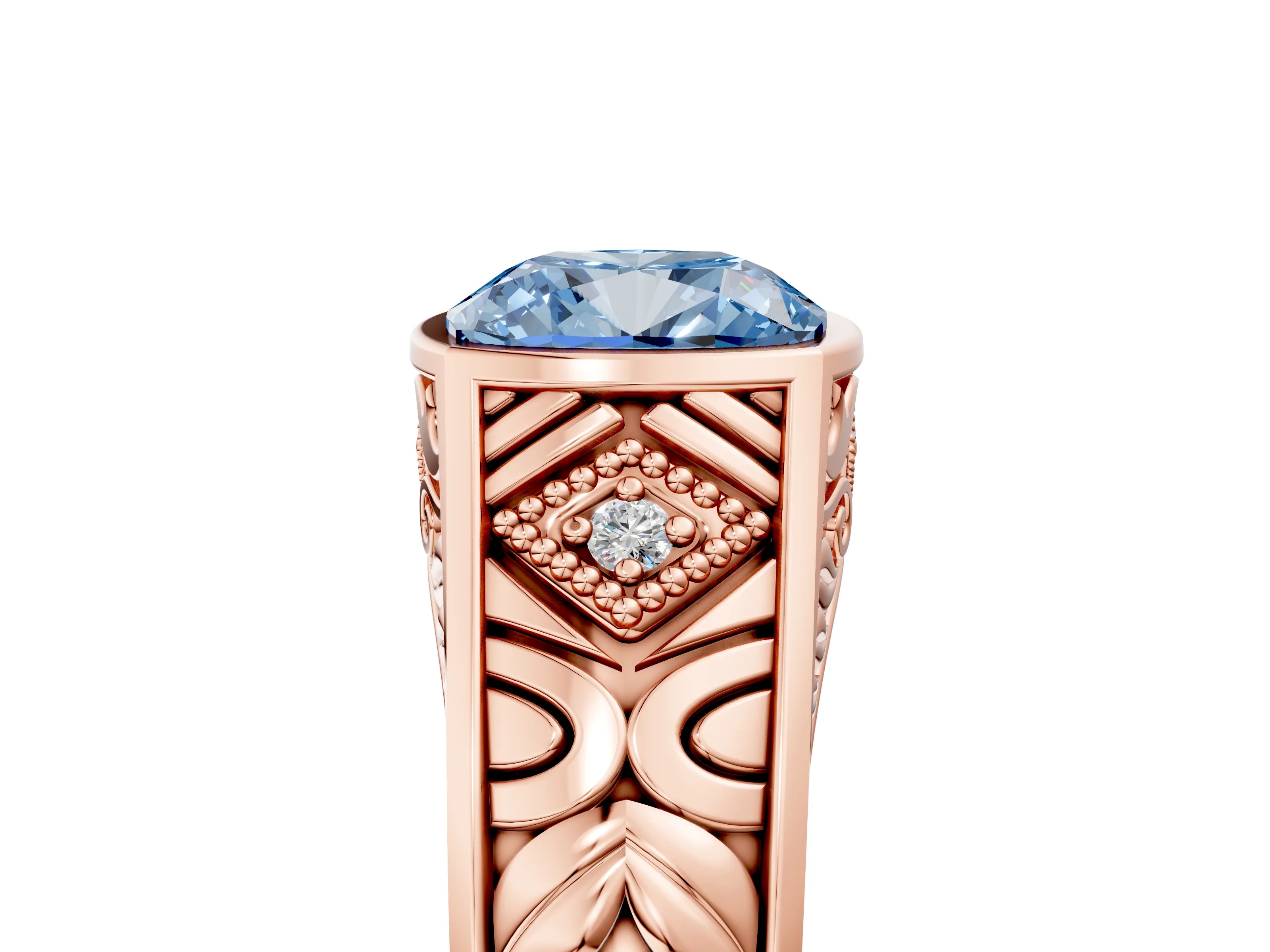 Rose gold Hexagonal Bezel Fancy Blue Cushion Cut Diamond Engraved Band Prong Ring_5