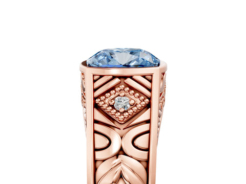 Rose gold Hexagonal Bezel Fancy Blue Cushion Cut Diamond Engraved Band Prong Ring_5
