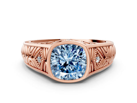 Rose gold Hexagonal Bezel Fancy Blue Cushion Cut Diamond Engraved Band Prong Ring