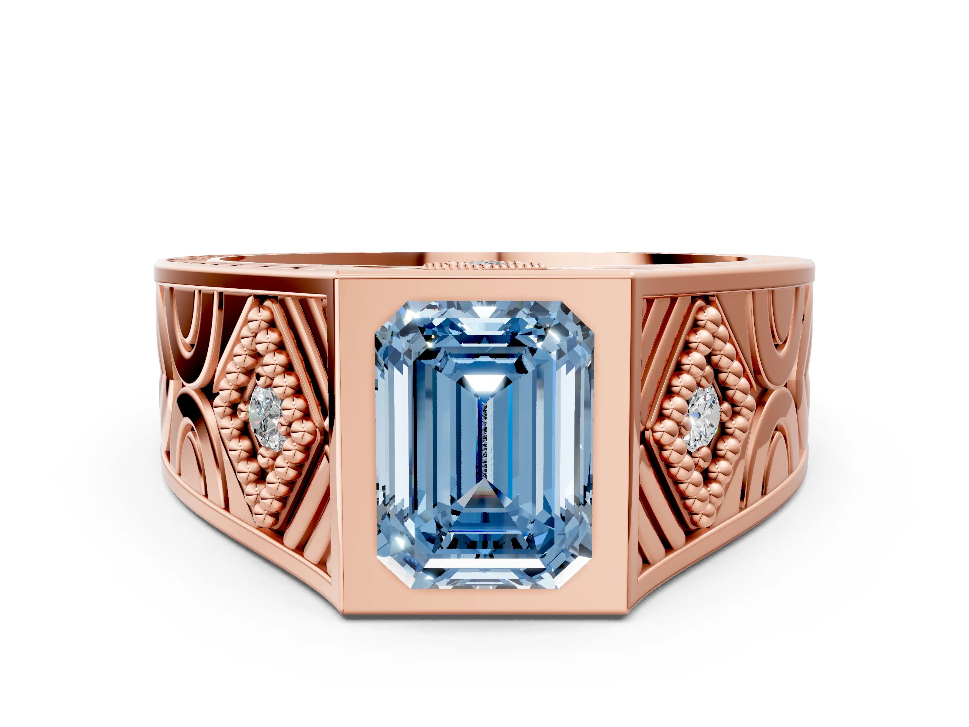 Rose gold Hexagonal Bezel Fancy Blue Emerald Cut Diamond Engraved Band Prong Ring