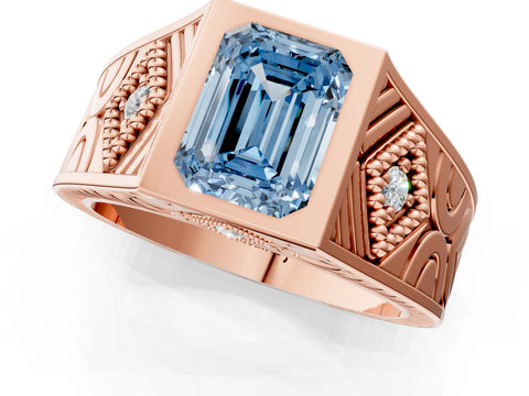 Rose gold Hexagonal Bezel Fancy Blue Emerald Cut Diamond Engraved Band Prong Ring_1