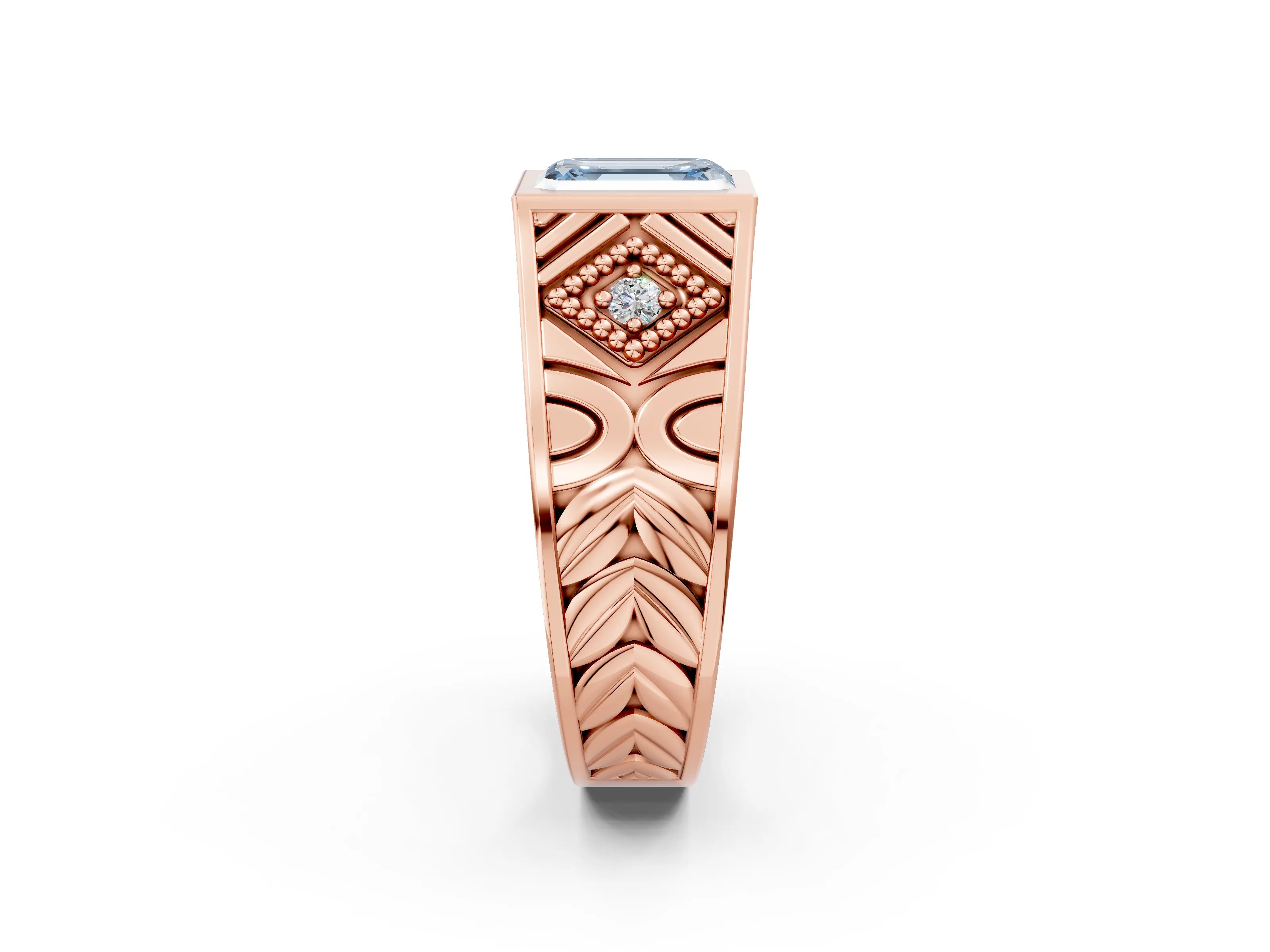 Rose gold Hexagonal Bezel Fancy Blue Emerald Cut Diamond Engraved Band Prong Ring_2