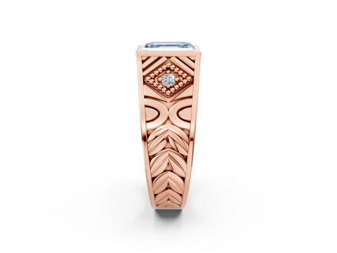 Rose gold Hexagonal Bezel Fancy Blue Emerald Cut Diamond Engraved Band Prong Ring_2