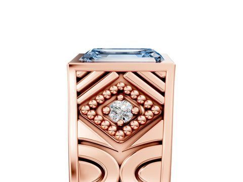 Rose gold Hexagonal Bezel Fancy Blue Emerald Cut Diamond Engraved Band Prong Ring_5