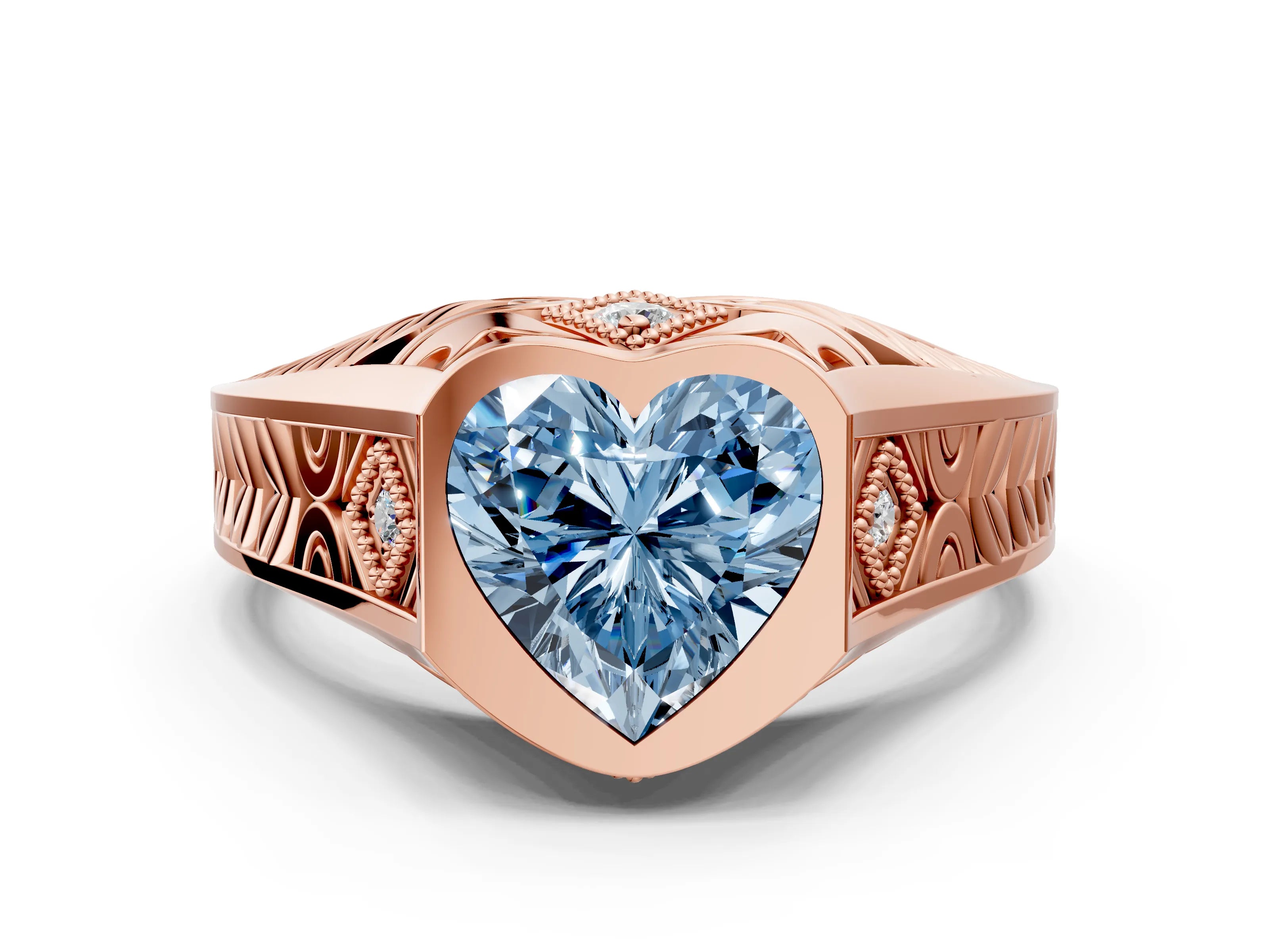 Rose gold Hexagonal Bezel Fancy Blue Heart Cut Diamond Engraved Band Prong Ring