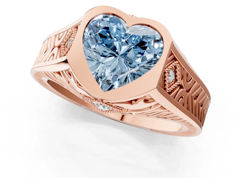 Rose gold Hexagonal Bezel Fancy Blue Heart Cut Diamond Engraved Band Prong Ring_1
