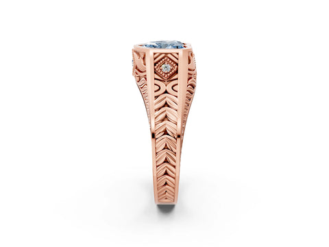 Rose gold Hexagonal Bezel Fancy Blue Heart Cut Diamond Engraved Band Prong Ring_2