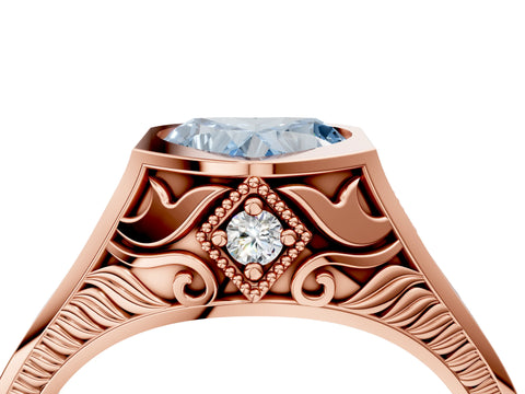 Rose gold Hexagonal Bezel Fancy Blue Heart Cut Diamond Engraved Band Prong Ring_4