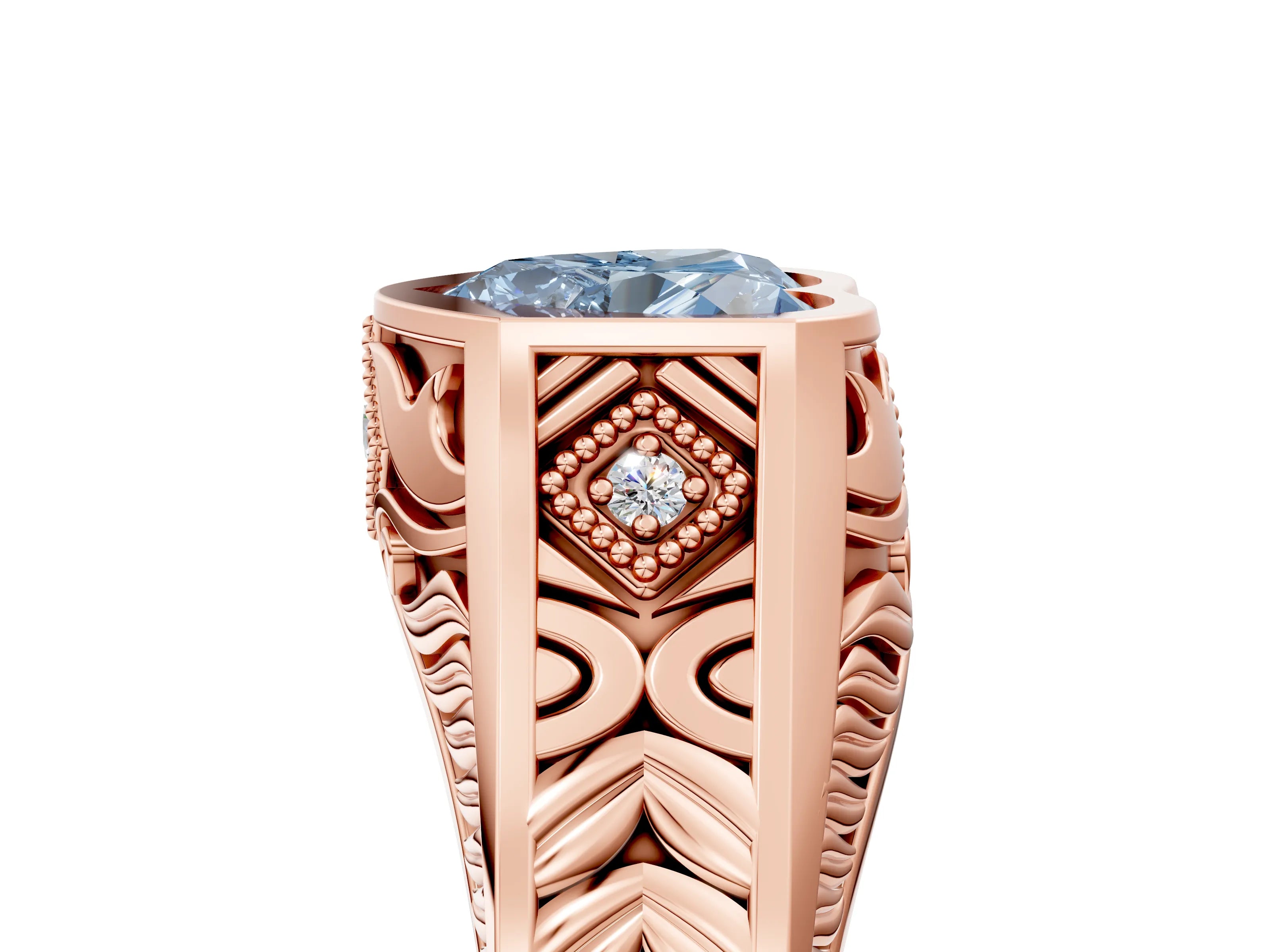 Rose gold Hexagonal Bezel Fancy Blue Heart Cut Diamond Engraved Band Prong Ring_5