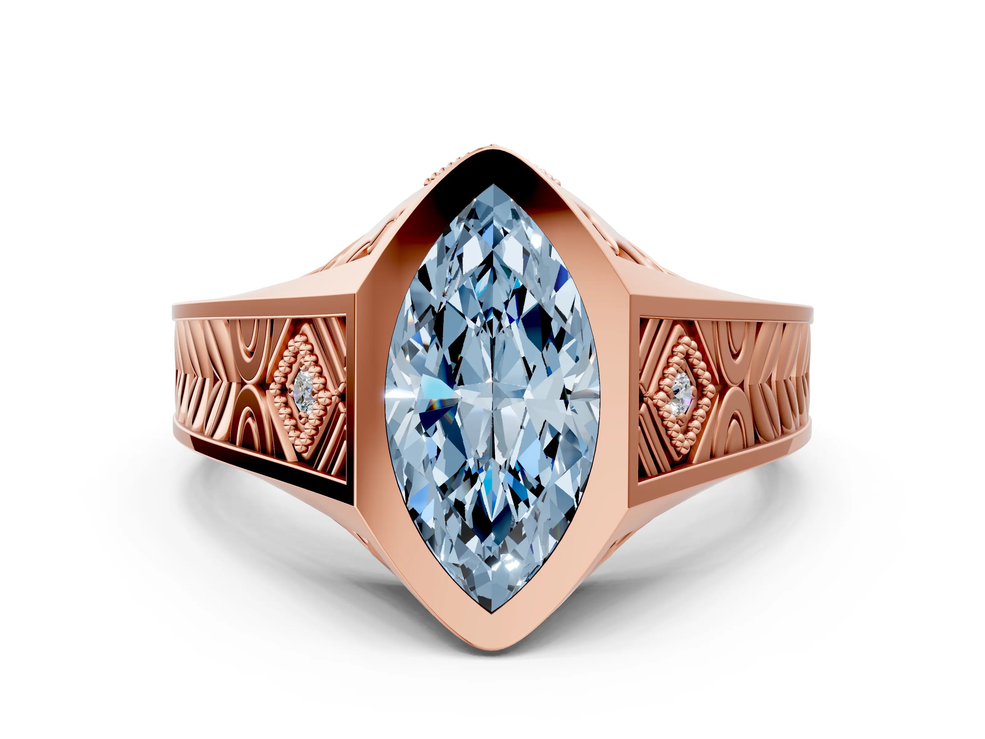 Rose gold Hexagonal Bezel Fancy Blue Marquise Cut Diamond Engraved Band Prong Ring