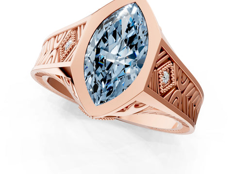 Rose gold Hexagonal Bezel Fancy Blue Marquise Cut Diamond Engraved Band Prong Ring_1