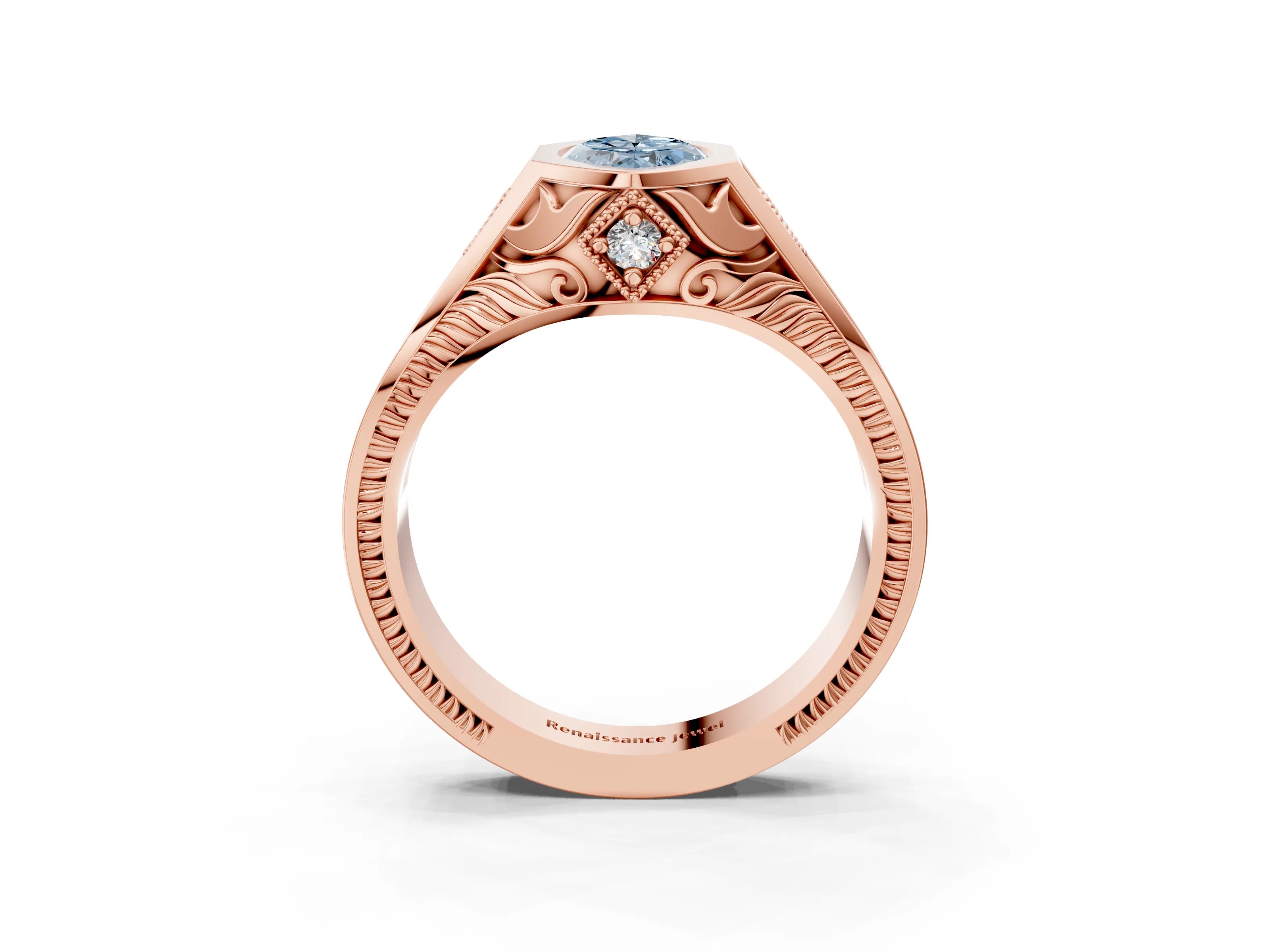 Rose gold Hexagonal Bezel Fancy Blue Marquise Cut Diamond Engraved Band Prong Ring_3