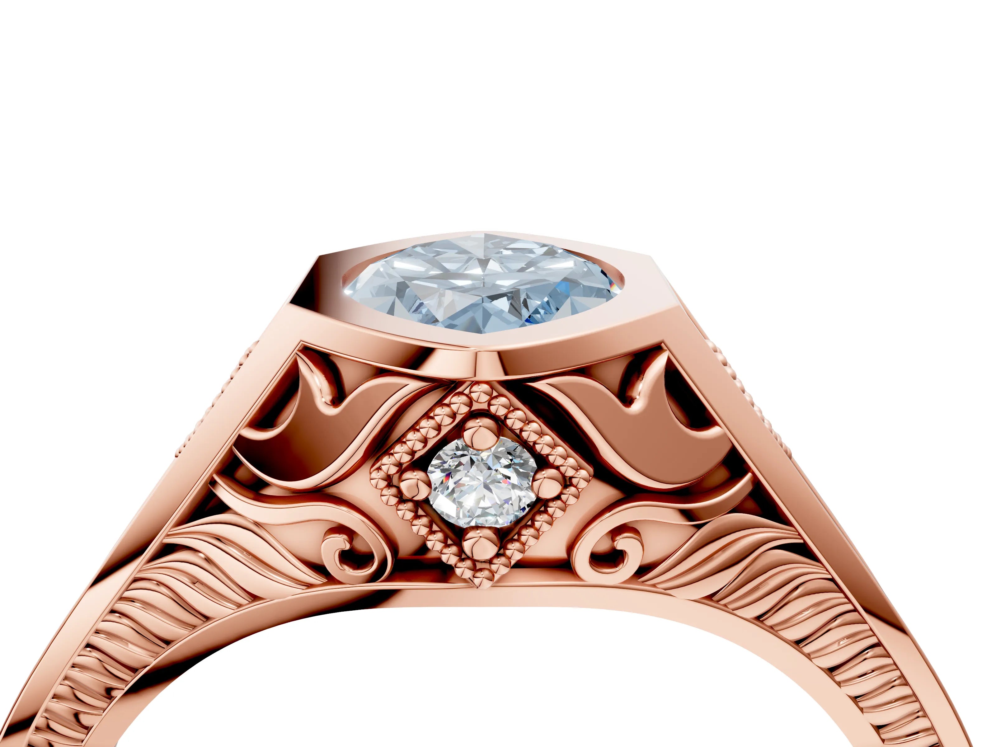 Rose gold Hexagonal Bezel Fancy Blue Marquise Cut Diamond Engraved Band Prong Ring_4