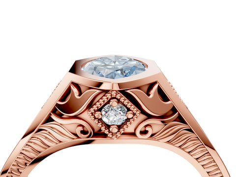 Rose gold Hexagonal Bezel Fancy Blue Marquise Cut Diamond Engraved Band Prong Ring_4